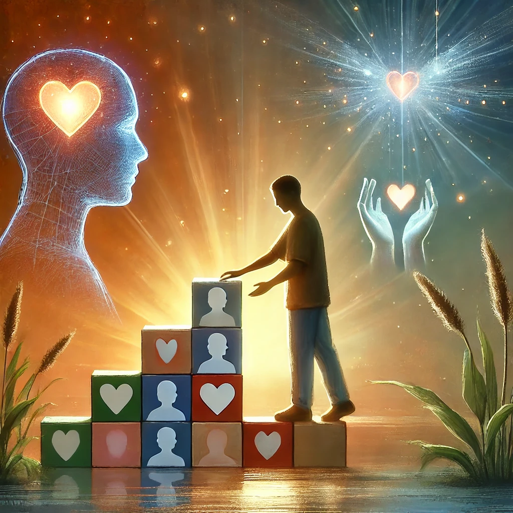 DALL%C2%B7E 2024 09 24 19.02.41 A person symbolically building healthy relationships after trauma. The figure is standing in a serene environment with blocks or pieces representing DALL%C2%B7E 2024 09 24 19.02.41 A person symbolically building healthy relationships after trauma. The figure is standing in a serene environment with blocks or pieces representing