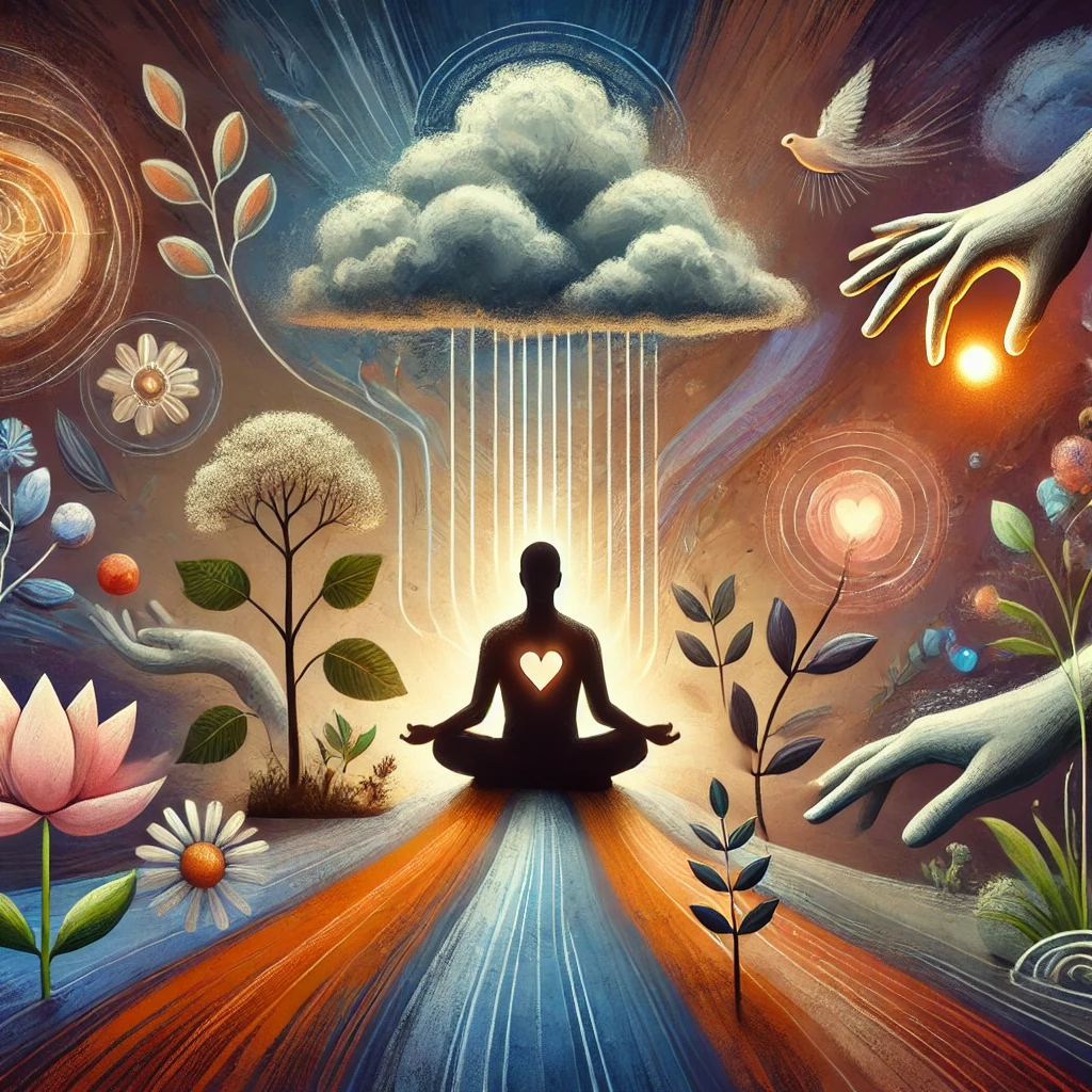 DALL%C2%B7E 2024 09 24 19.07.19 A person going through various stages of healing after trauma symbolizing different aspects of emotional recovery. The person is surrounded by symbol DALL%C2%B7E 2024 09 24 19.07.19 A person going through various stages of healing after trauma symbolizing different aspects of emotional recovery. The person is surrounded by symbol